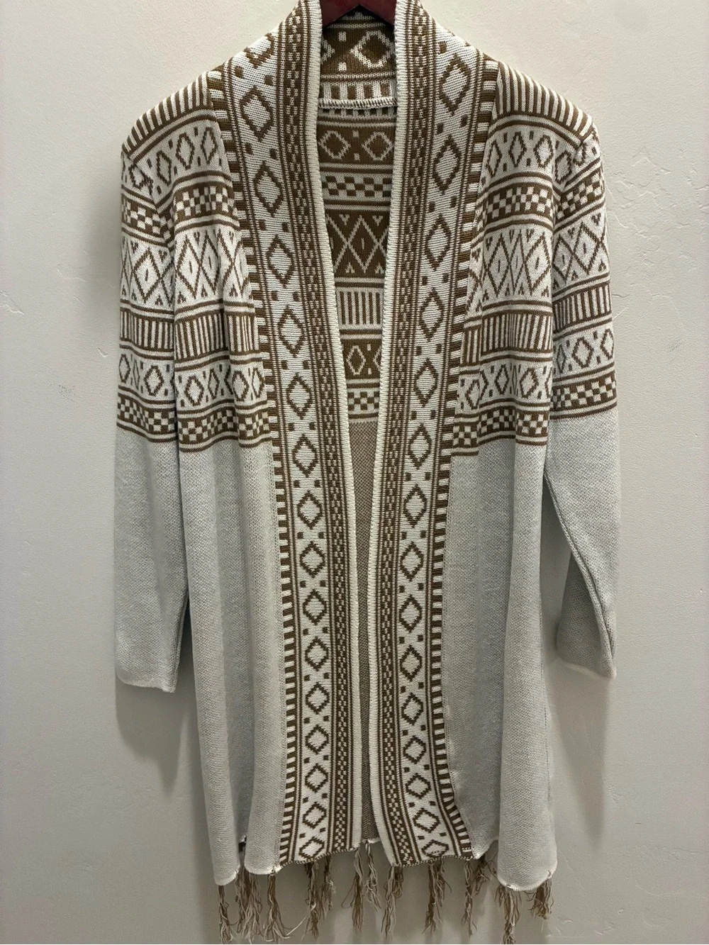 Open-Front Geometric Fringe Cardigan Sweater in Ivory and Brown